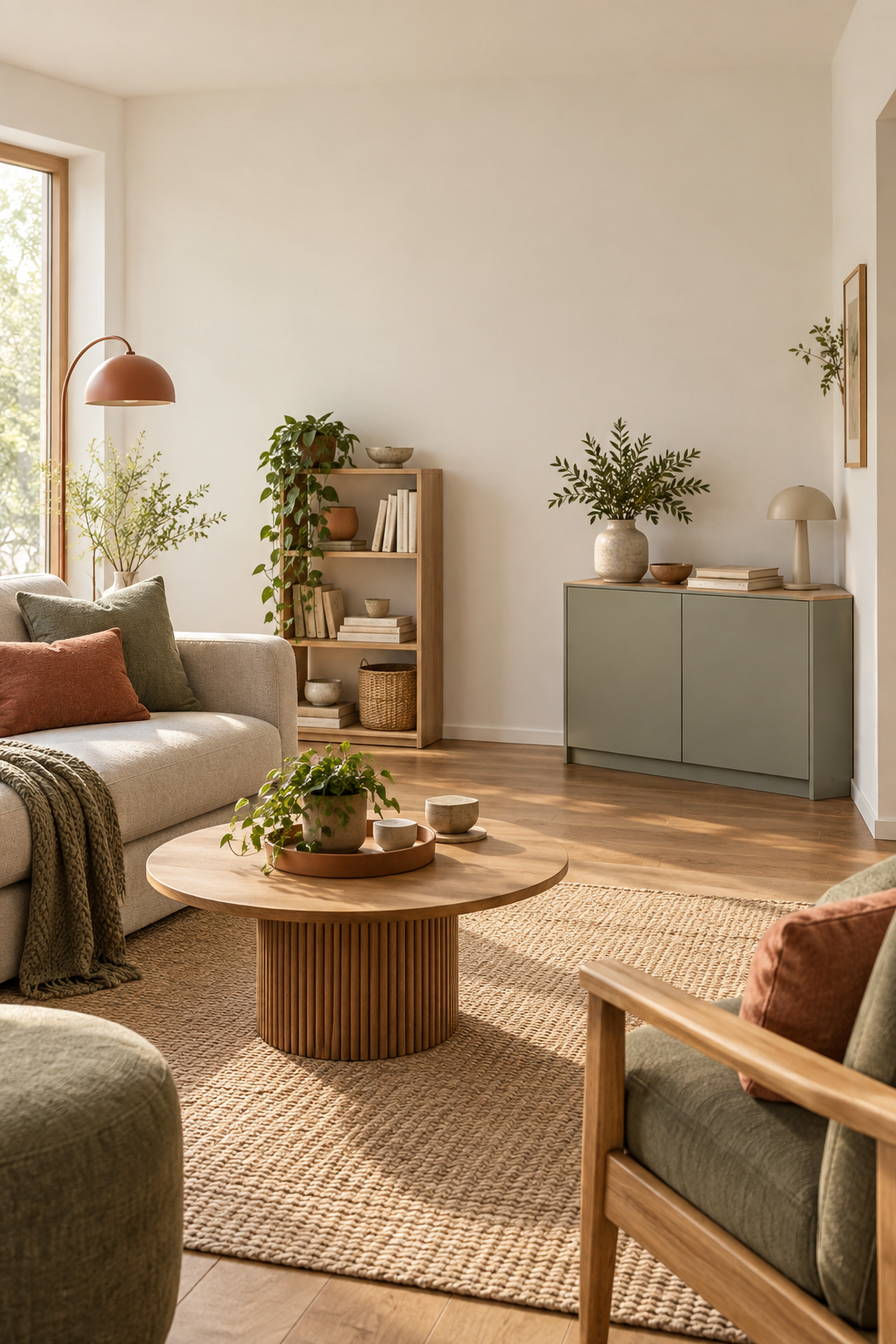 Illustrative small living room with a shallow cabinet and open shelf
